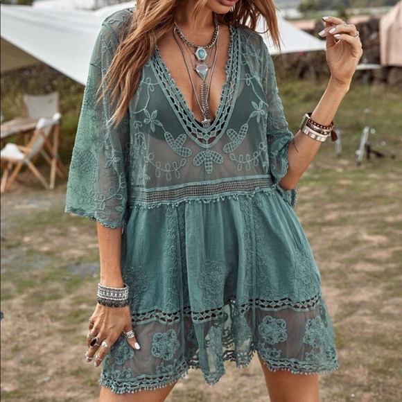 Couture Gypsy Other - Bohemian Sage Floral Embroidered Beach Cover up Green One Size